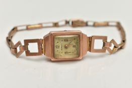 A LADYS 9CT GOLD WRISTWATCH, manual wind, missing crown, discoloured rectangular dial, Arabic