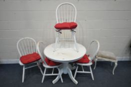 A WHITE FINISH CIRCULAR PEDESTAL DINING TABLE, diameter 90cm x 77cm, four hoop back chairs, and a