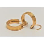 A PAIR OF YELLOW METAL HOOP EARRINGS, textured hoops, AF lever fittings, rubbed marks, approximate