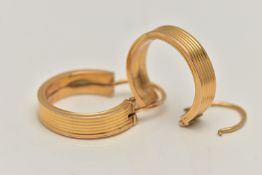 A PAIR OF YELLOW METAL HOOP EARRINGS, textured hoops, AF lever fittings, rubbed marks, approximate