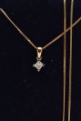 A 9CT GOLD DIAMOND PENDANT NECKLACE, the pendant set with a princess cut diamond, stamped diamond