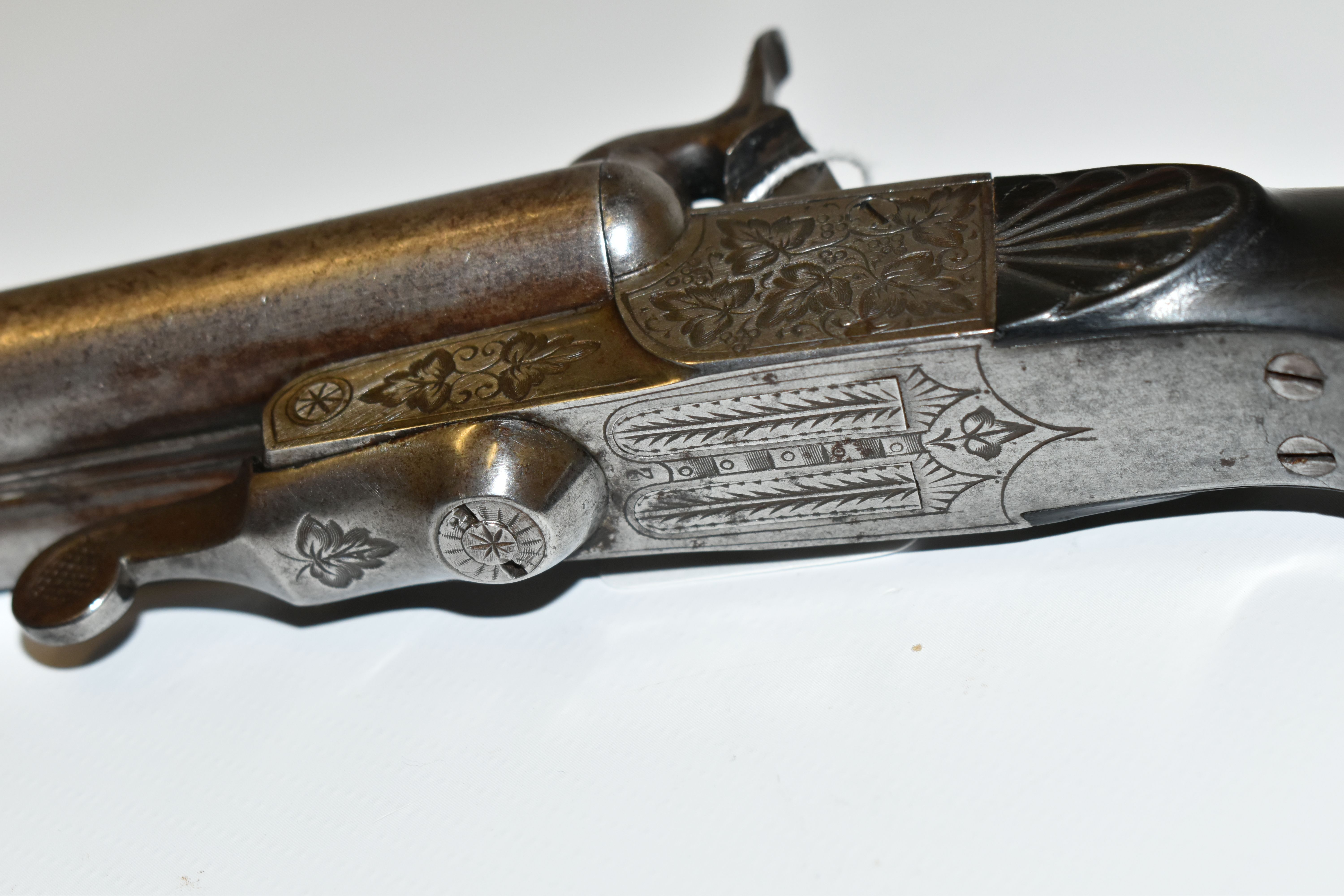 AN ANTIQUE 12MM DOUBLE BARREL SIDE BY SIDE PIN-FIRE PISTOL, fitted with fold up triggers, it bears - Image 6 of 8