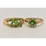 TWO 9CT GOLD GEM SET RINGS, the first a tsavorite, opal and peridot cluster ring, hallmarked 9ct