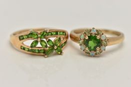 TWO 9CT GOLD GEM SET RINGS, the first a tsavorite, opal and peridot cluster ring, hallmarked 9ct
