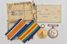 A PAIR OF WWI MEDALS, each inscribed 46115 PTE D GEDDES Leic R, together with original postage