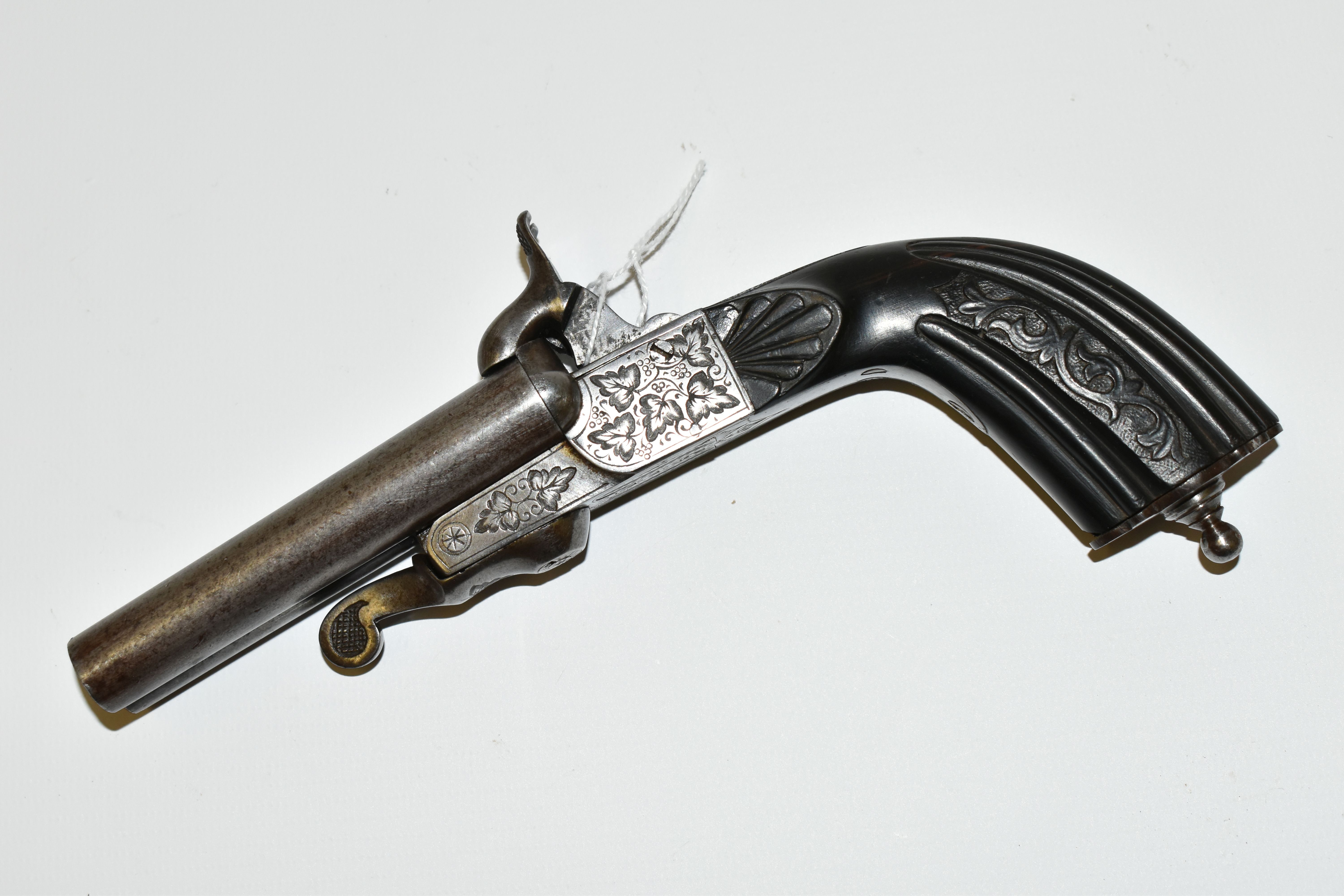 AN ANTIQUE 12MM DOUBLE BARREL SIDE BY SIDE PIN-FIRE PISTOL, fitted with fold up triggers, it bears - Image 4 of 8