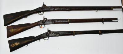 THREE ANTIQUE GUNS, comprising an antique percussion single barrel three band musket with flared