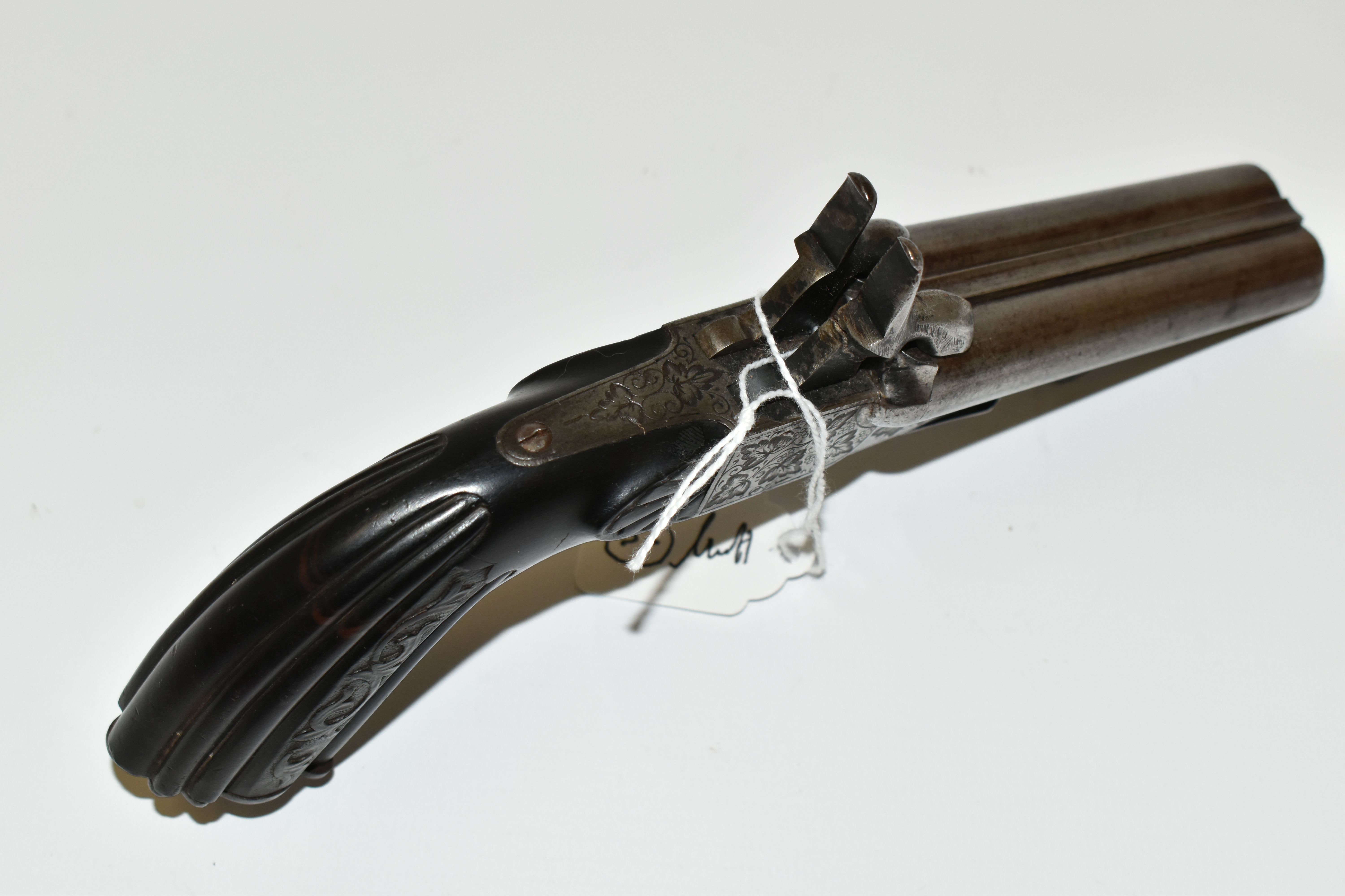 AN ANTIQUE 12MM DOUBLE BARREL SIDE BY SIDE PIN-FIRE PISTOL, fitted with fold up triggers, it bears - Image 7 of 8