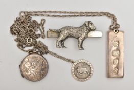 THREE PENDANT NECKLACES AND A TIE CLIP, to include a silver ingot hallmarked London, suspended
