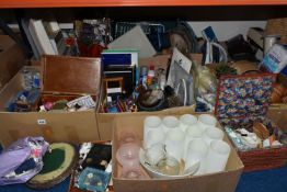 NINE BOXES AND LOOSE SUNDRY ITEMS, to include a box of sewing and haberdashery supplies, baskets,