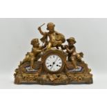 A SECOND HALF 19TH CENTURY GILT METAL FIGURAL MANTEL CLOCK INSET WITH PAINTED PORCELAIN PANELS, cast