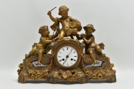A SECOND HALF 19TH CENTURY GILT METAL FIGURAL MANTEL CLOCK INSET WITH PAINTED PORCELAIN PANELS, cast