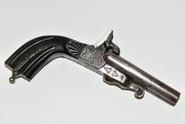AN ANTIQUE 12MM DOUBLE BARREL SIDE BY SIDE PIN-FIRE PISTOL, fitted with fold up triggers, it bears