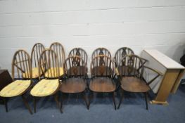 A FORMICA TOP DROP LEAF DINING TABLE, a set of six Ercol prince of Wales chairs, including two