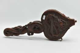 A PAIR OF LATE 19TH / EARLY 20TH CENTURY WOODEN BELLOWS ORNATELY CARVED WITH ORIENTAL DRAGONS, three