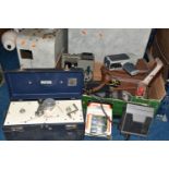 A BOX AND LOOSE VINTAGE FILM EQUIPMENT ETC, to include a Wirek Reporter portable sound recorder,