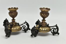 A PAIR OF LATE 19TH CENTURY BRASS AND WROUGHT IRON DWARF CANDLESTICKS, in the style of W.A.S.