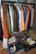 A QUANTITY OF GENT'S CLOTHING, SHOES AND ACCESSORIES IN FOUR BOXES AND LOOSE, including