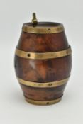 A VICTORIAN BRASS BOUND LIGNUM VITAE NOVELTY STRING BOX IN THE FORM OF A BARREL, screw off base,