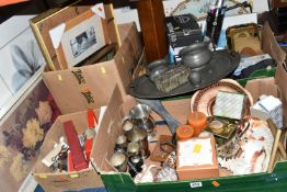 FOUR BOXES OF METALWARE AND SUNDRIES, to include an arts and crafts style hand hammered Warwick