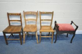 A 20TH CENTURY MAHOGANY PIANO STOOL, an elm seated chair, a cane seated chair, and another chair (