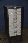 A METAL CHEST OF SEVEN DRAWERS, width 28cm x depth 41cm x height 73cm (condition report: paint