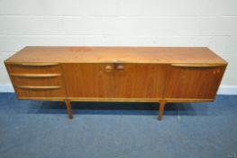 A MID-CENTURY TEAK McINTOSH TEAK 7FT SIDEBOARD, with three drawers, and a fall front cupboard