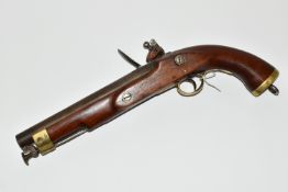 AN ANTIQUE FLINTLOCK SINGLE BARREL 17 BORE MILITARY DESIGN HOLSTER PISTOL, fitted with a 9''