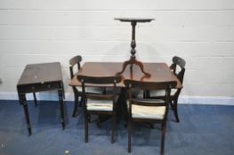 A REGENCY MAHOGANY RECTANGULAR TILT TOP TABLE, on a turned pedestal and four legs with brass