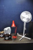 A SELECTION OF HOUSEHOLD ELECTRICALS, to include a Bravich 16 inch stand fan, a red angle poise