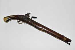 A GOOD QUALITY REPRODUCTION OF A FLINTLOCK HOLSTER PISTOL, expertly aged, the lock is marked