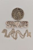 TWO BROOCHES AND A PENDANT NECKLACE, to include a white metal Celtic circular brooch, unclear marks,