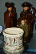 THREE ROYAL DOULTON KINGSWARE FLASKS AND A ROYAL DOULTON TOBACCO JAR BASE, comprising a Kingsware