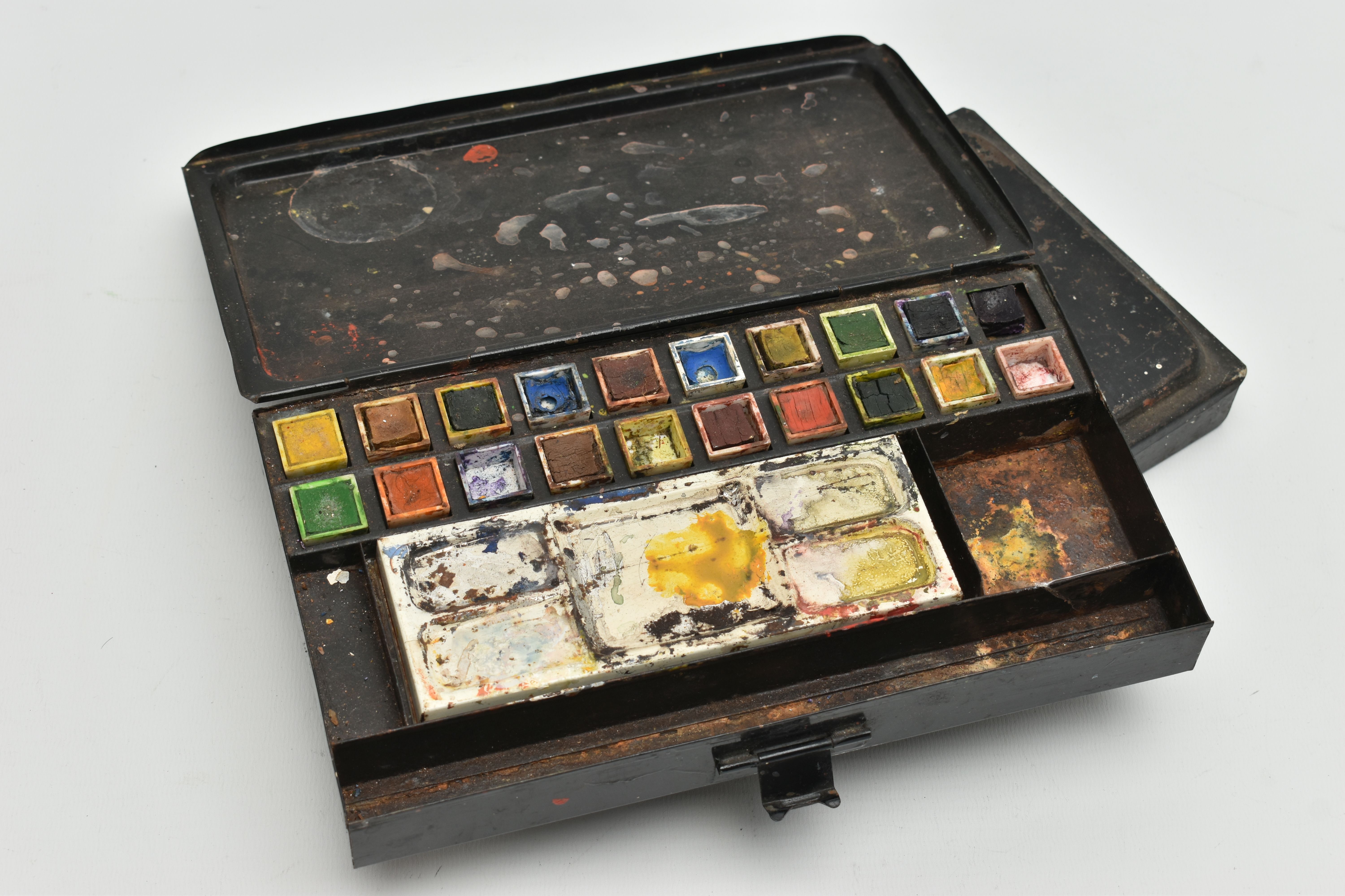 TWO VINTAGE SCHOOL PAINT BOXES, the interiors fitted watercolour paint in plastic pots, with metal - Image 3 of 5