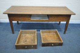 A 20TH CENTURY WALNUT TABLE, with a drawer to each end and one side, on square tapered legs,