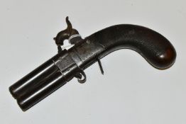 AN ANTIQUE PERCUSSION DOUBLE BARREL TURN OVER PISTOL IN ABOUT 80 BORE, it is fitted with screw off