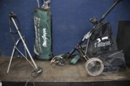 A GREEN MACGREGOR GOLF BAG, containing nine various golf clubs, to include Wilson, Ben Sayers, an