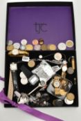 A BOX OF ASSORTED ITEMS, to include a silver, paste set pendant necklace, hallmarked Sheffield, a