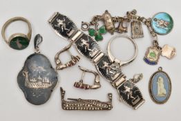 A BAG OF WHITE METAL JEWELLERY, to include a white metal marcasite brooch, a Wedgwood pendant, a