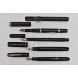 FOUR VINTAGE PENS AND A SWAN BRAND STEEL POCKET PEN CLIP, the pens comprising a Swan self-filler