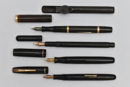 FOUR VINTAGE PENS AND A SWAN BRAND STEEL POCKET PEN CLIP, the pens comprising a Swan self-filler