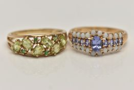 TWO 9CT GOLD GEM SET RINGS, the first a tanzanite and opal ring, polished band, hallmarked 9ct