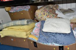 FIVE BOXES OF WOOLLEN BLANKETS, BED THROWS AND CUSHIONS, to include duvet cover sets, bed sheets,