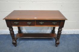 AN EDWARDIAN MAHOGANY SIDE TABLE, with two frieze drawers, on turned legs, united by an