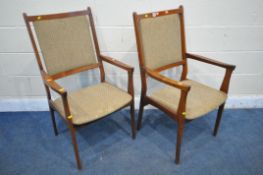 A PAIR OF MID CENTURY HARD WOOD OPEN ARMCHAIRS, width 57cm x depth 62cm x height 100cm (condition