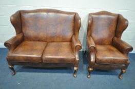 A SHERBOURNE BROWN LEATHER TWO PIECE LOUNGE SUITE, comprising a two seater wing back sofa, length