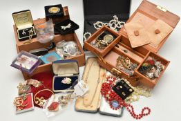 A BOX OF ASSORTED COSTUME JEWELLERY, to include a white metal filigree bracelet, a pair of white