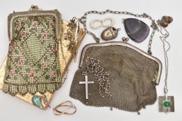 A BAG OF ASSORTED JEWELLERY, to include a large Blue john pendant, a pair of yellow metal creole