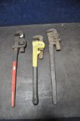 THREE PIPE WRENCHES, to include a Trimo size 24 drop forged wrench, a Chatwin size 24 wrench and