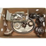 A BOX OF ASSORTED WHITE METAL WARE, to include a four piece EPNS tea set comprising of a teapot,